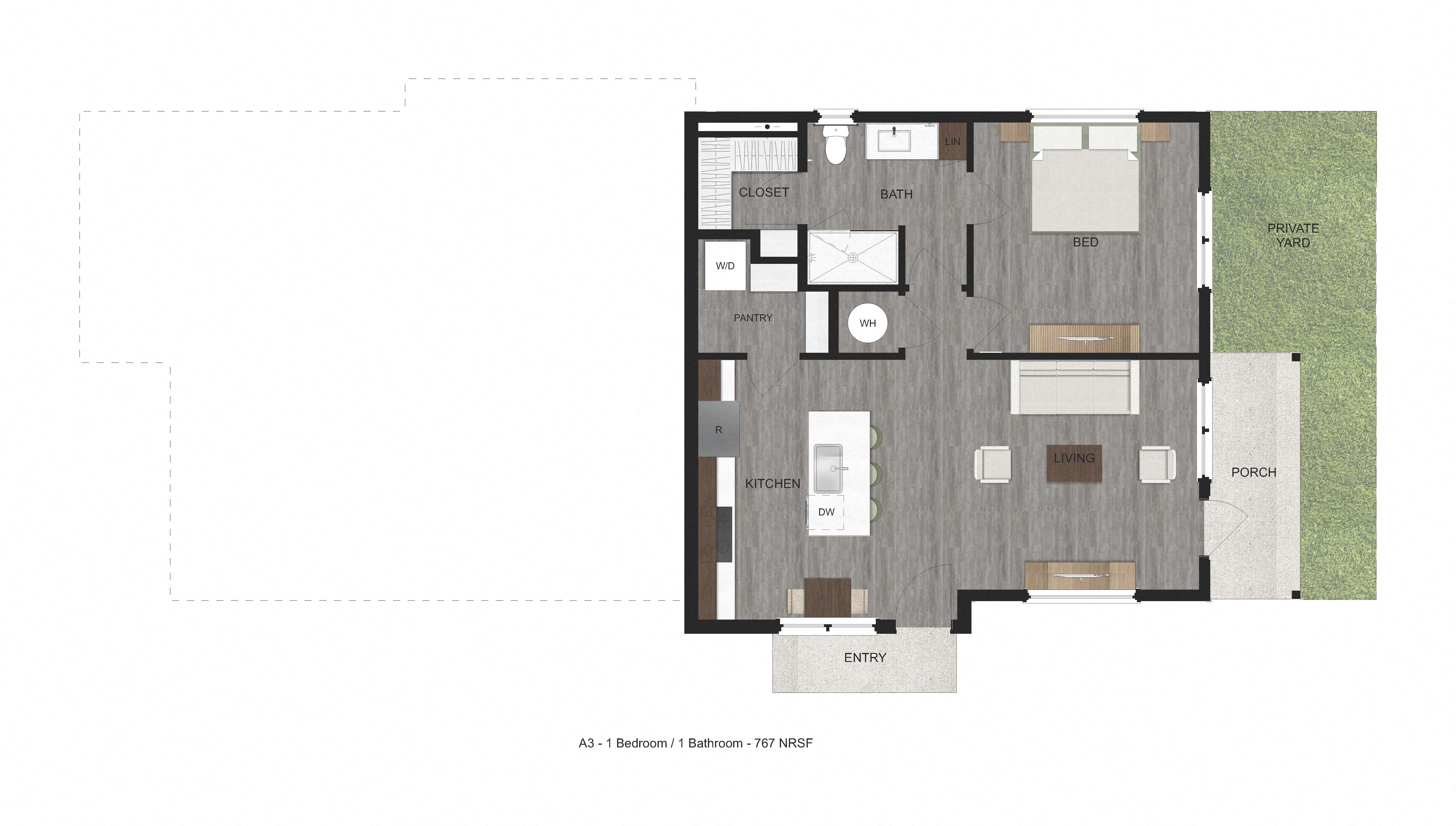 Floor plan for 1 bed, 1 bath, 767 sqft